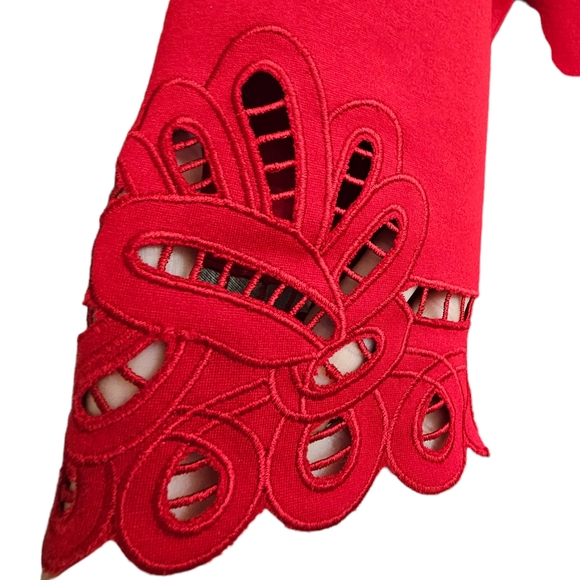 Nwot Talbots Red Ponte Knit Three quarter Sleeve Scalloped Cutout Lace Dress - Picture 16 of 17